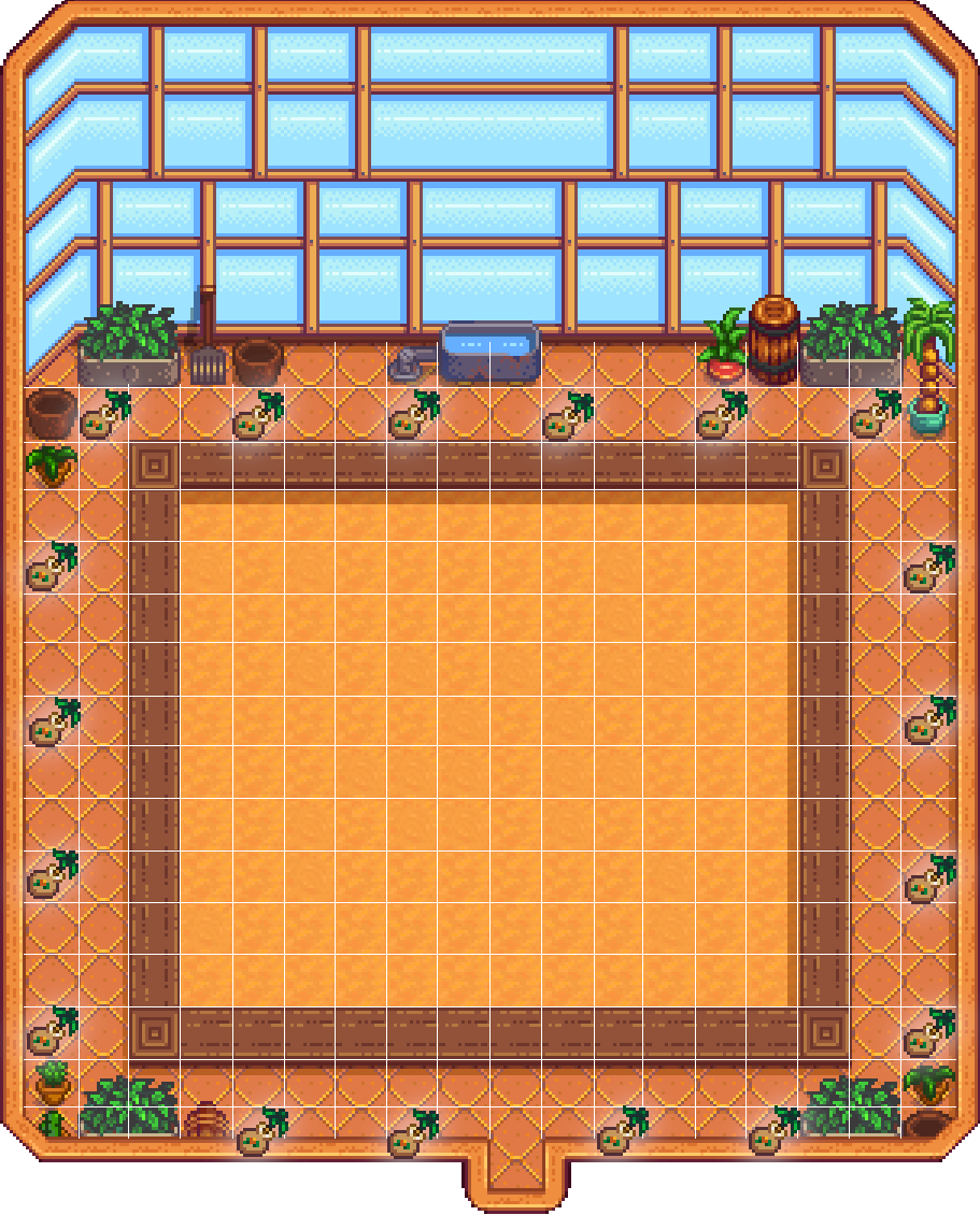 Optimum Greenhouse layout allowing for 18 Fruit Trees in Stardew Valley