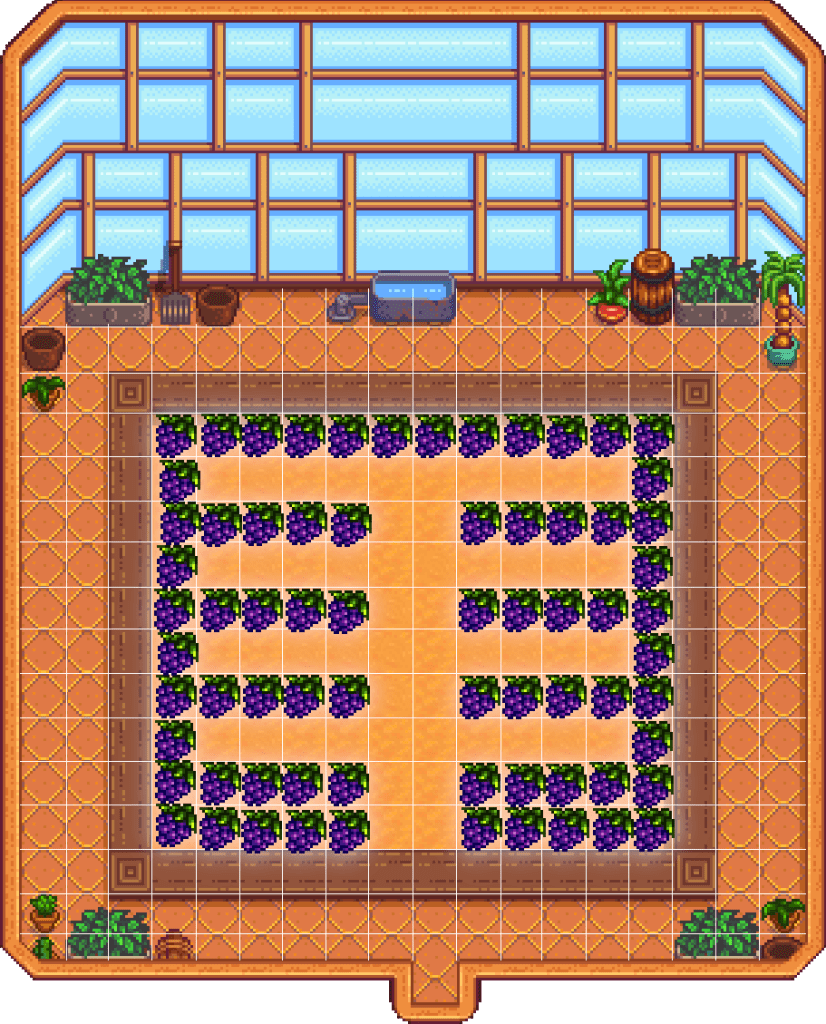 A good Greenhouse layout for crops which require a trellis in Stardew Valley