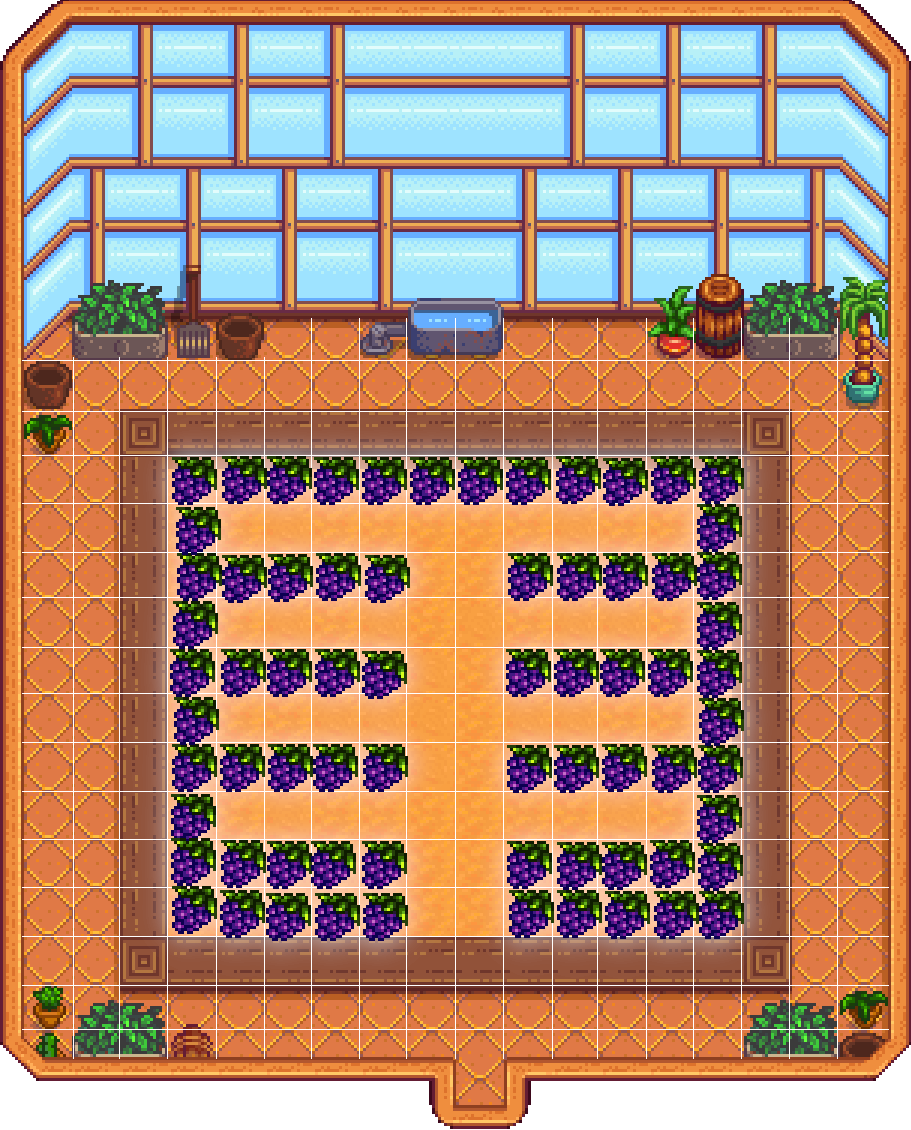 A good Greenhouse layout for crops which require a trellis in Stardew Valley