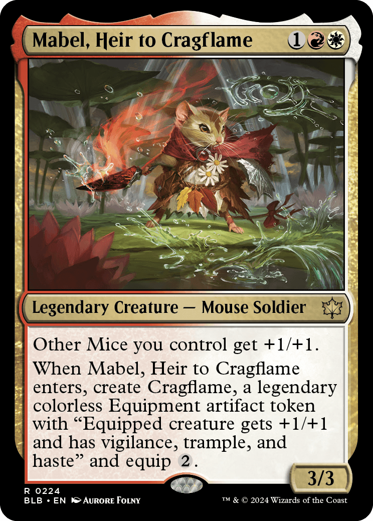 The card Mabel, Heir to Cragflame from the Bloomburrow set.