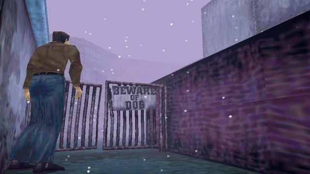 Silent Hill: Harry Mason looks at a rusty gate that has a dog warning sign on it.