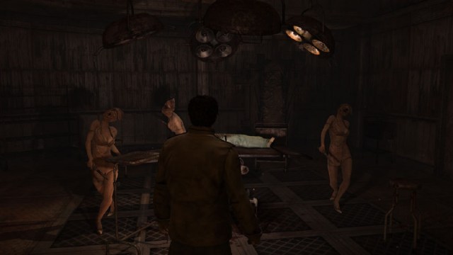 Silent Hill Homecoming: a male character stands in a dark operating room as three grotesque nurses advance on him.