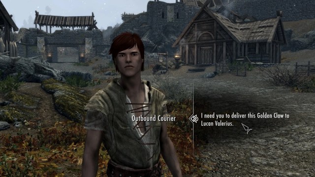 Skyrim: a courier in Whiterun is asked to deliver the Golden Claw to Lucan Valerius.