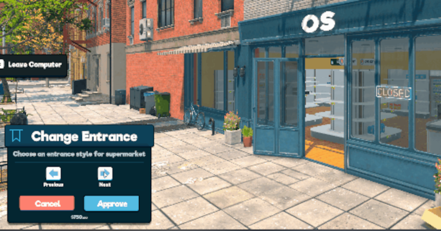 Customization options for the store exterior in Supermarket Simulator