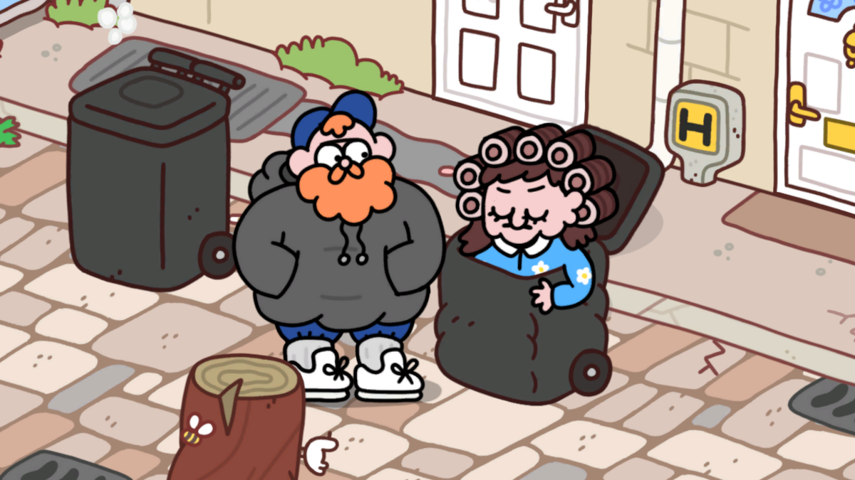 Two neighbors in Thank Goodness You're Here! have squabbles over their bins