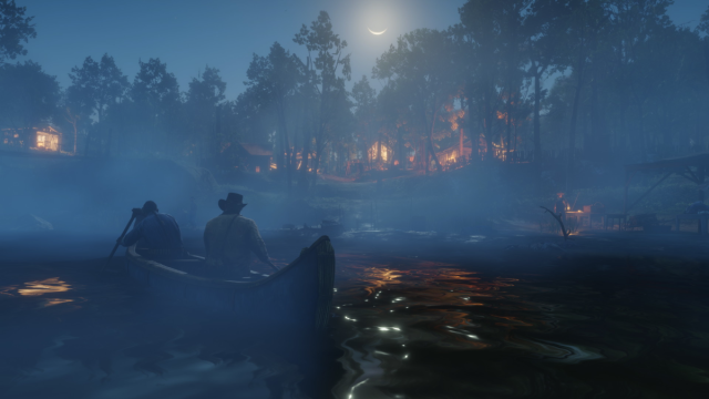 An image of Arthur on boat in Red Dead Redemption 2.