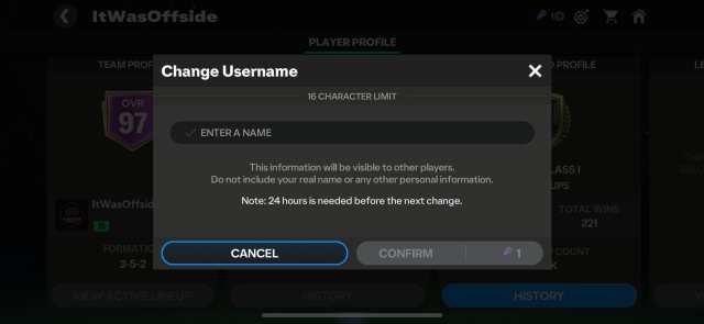 A screenshot of the Change Username window in FC Mobile.