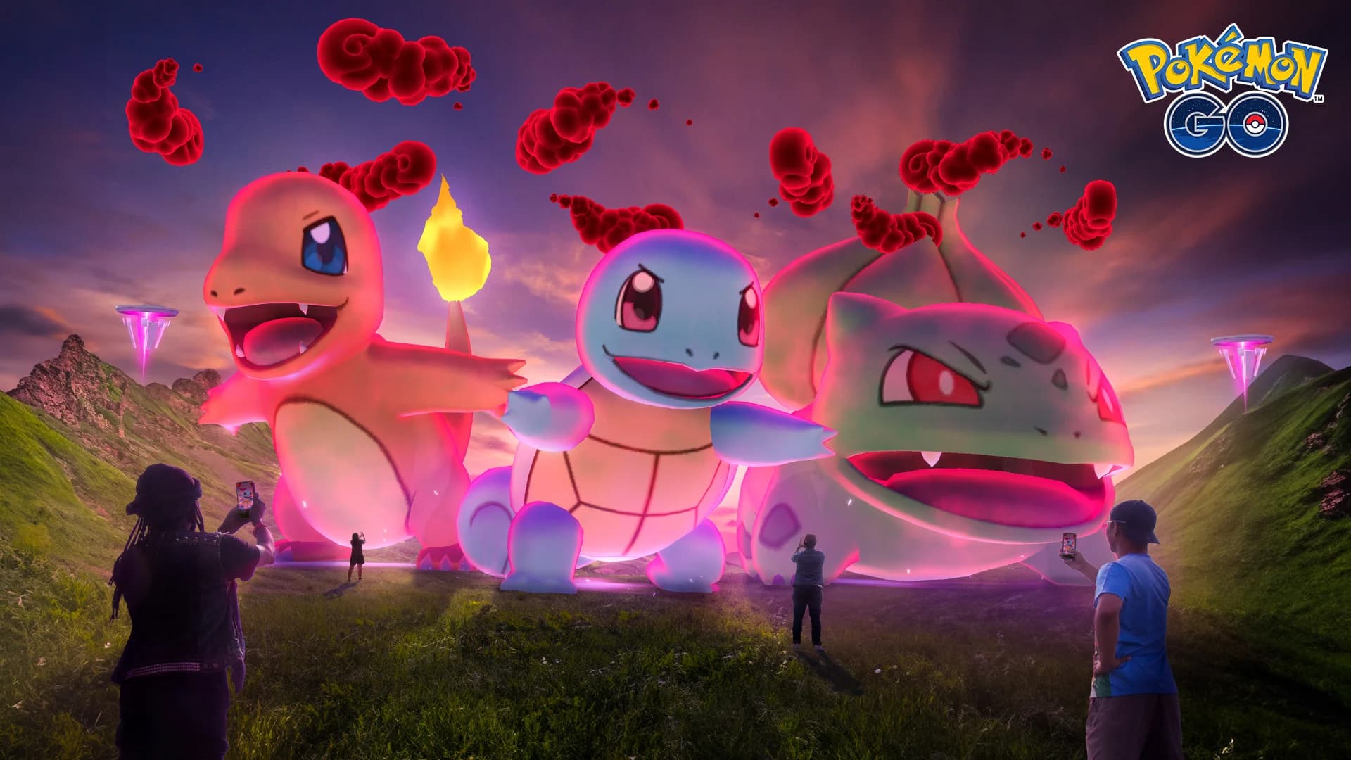 An image of the Dynamax Charmander, Squirtle, and Bulbasaur in Pokemon GO.