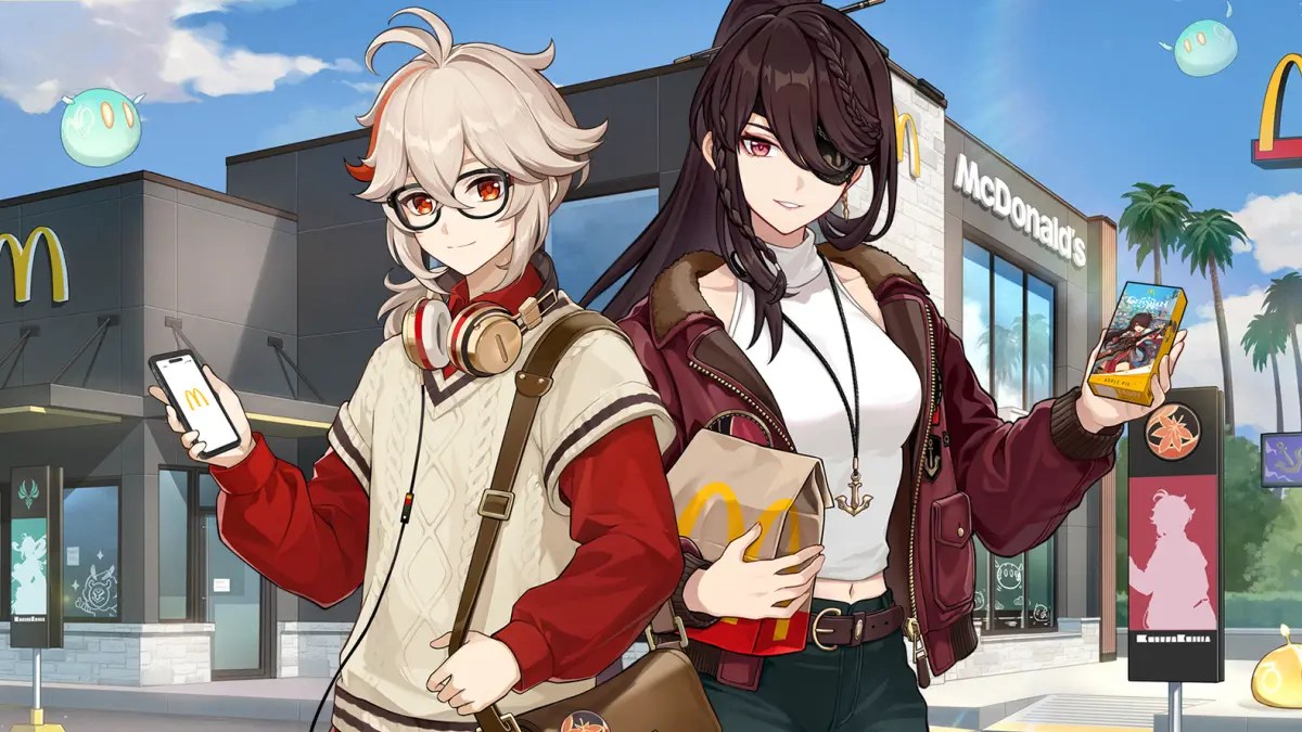 Kazuha and Beidou in front of McDonald's