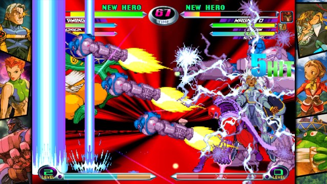 Sentinel and Storm making it rain projectiles in the Marvel vs. Capcom Fighting Collection.