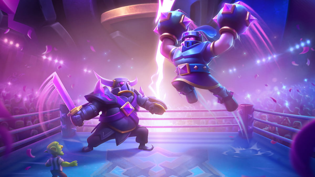 An image of Mega Knight and P.E.K.K.A. in a ring fight in Clash Royale.