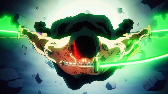 Roronoa Zoro flying to cut King in One Piece