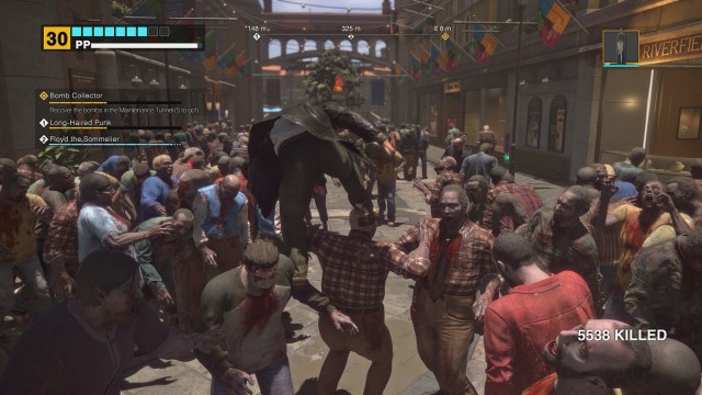 Dead Rising Deluxe Remaster climbing over zombies