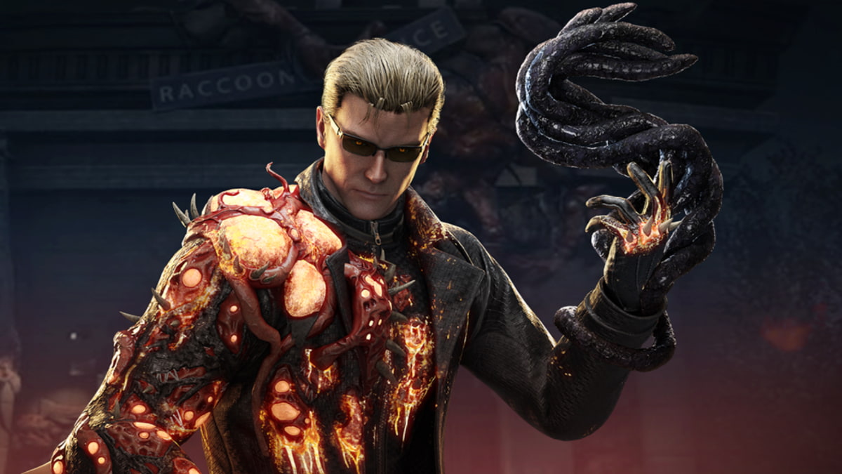 Wesker being corrupted by a strange orange growth on the side of his body in Dead by Daylight.