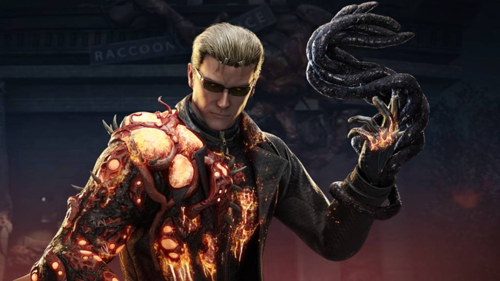 Wesker being corrupted by a strange orange growth on the side of his body in Dead by Daylight. 