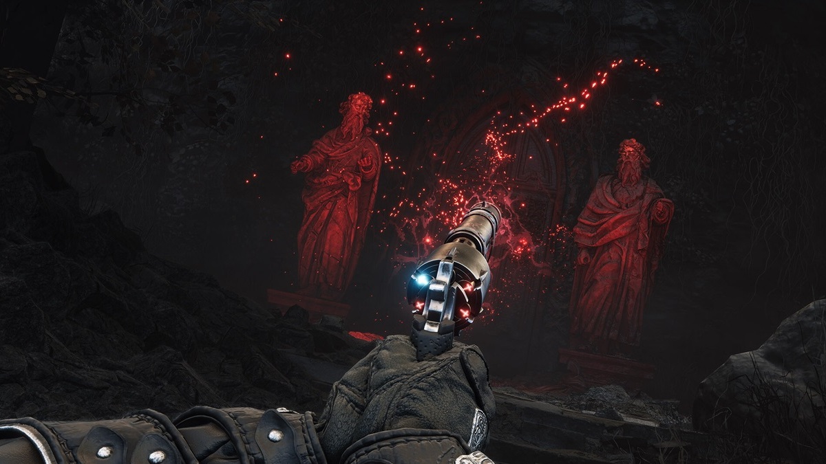 A stylized gameplay screenshot from Witchfire, with the protagonist aiming a revolver at some ghosts.