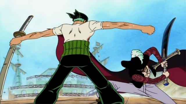 Zoro taking on Mihawk's slash in One Piece