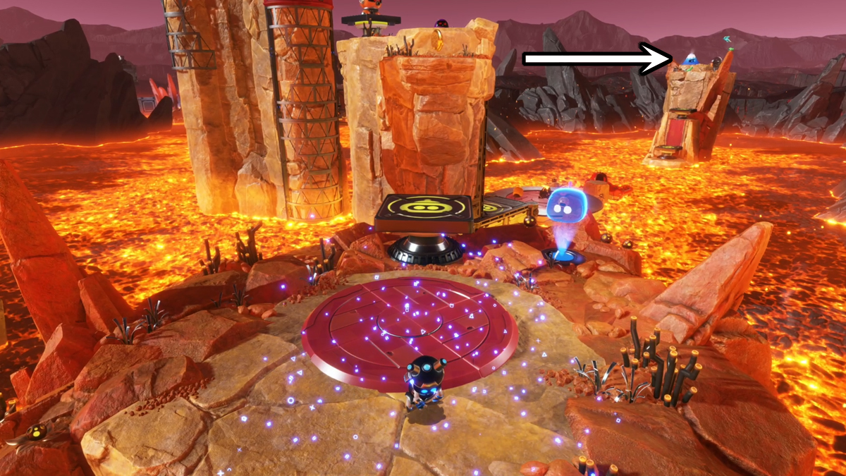 Astro Bot standing on an island surrounded by lava.