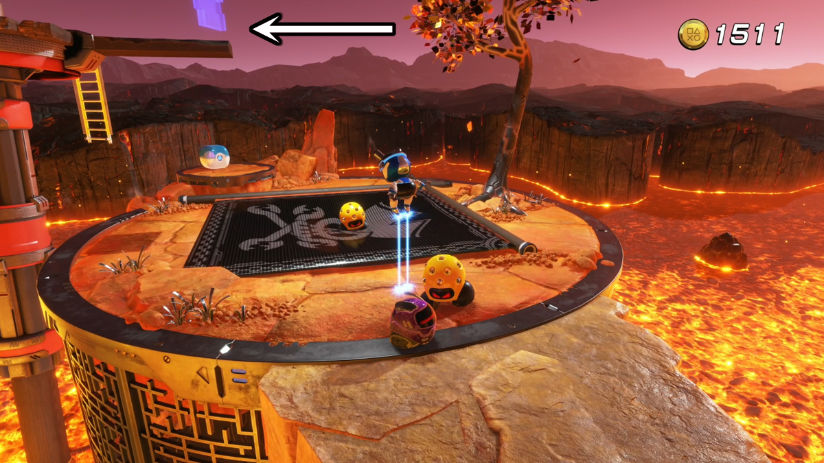 Astro Bot attacking enemies on an island while an arrow points to a puzzle piece.