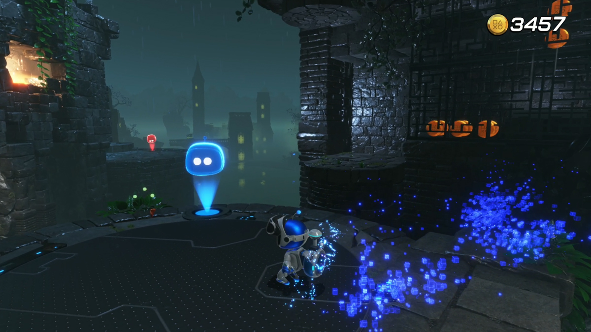 Astro Bot looking at a path up a wall with coins.