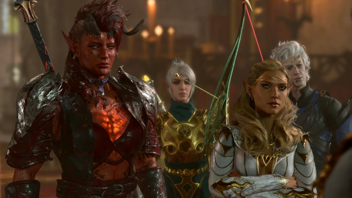 A group of four inclduign Tav, Karlach, Shadowheart, and Asatrion wearing modded clothes and armor in Baldur's Gate 3