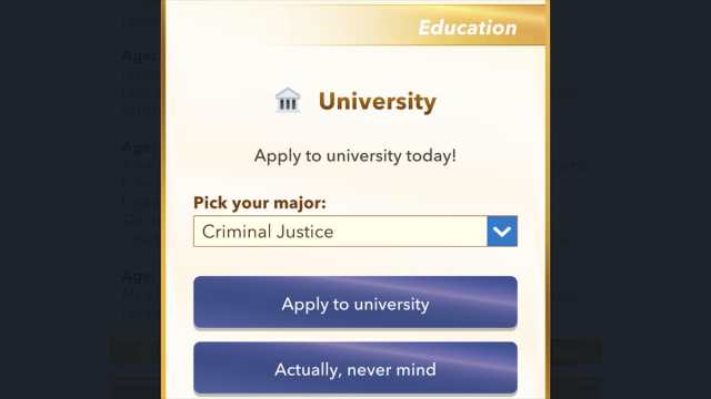 BitLife criminal justice degree in university