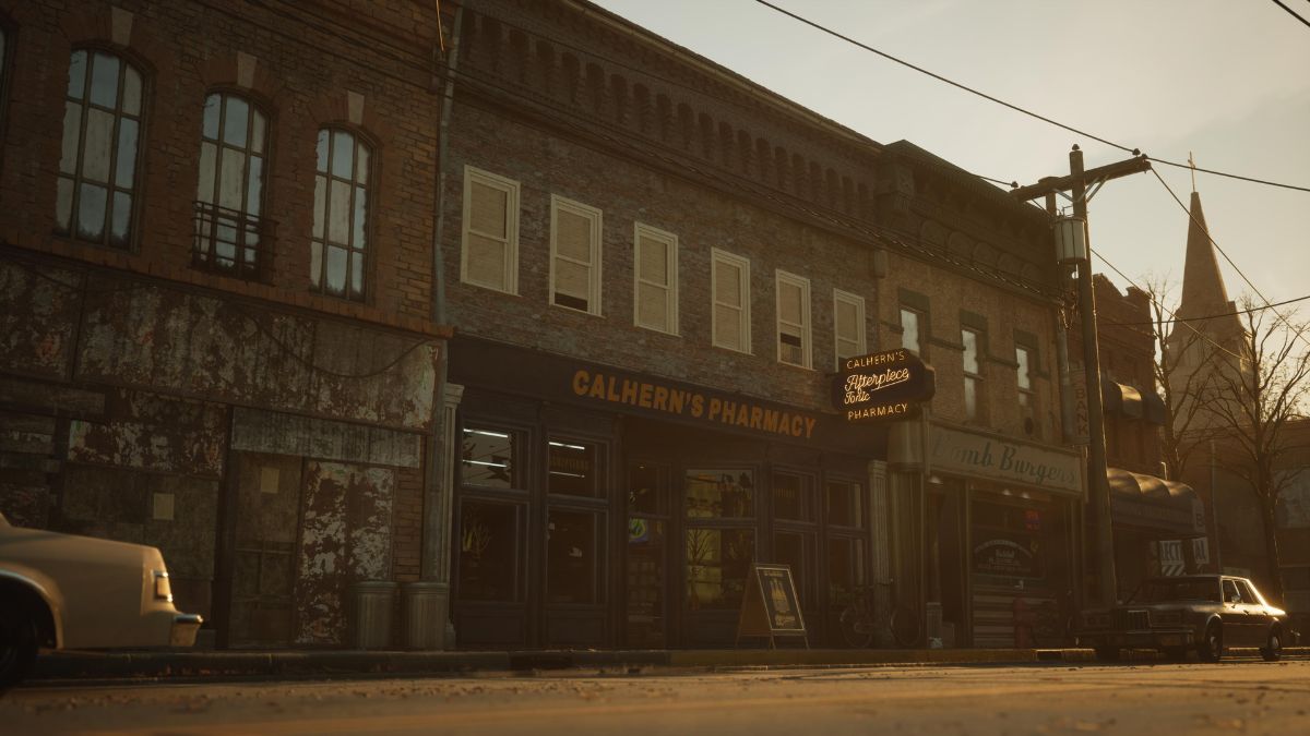 Calhern's Pharmacy at sunset in The Casting of Frank Stone.