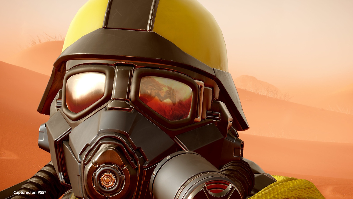 A closeup of a Helldiver's helmet from the CGI Helldivers 2 trailer.