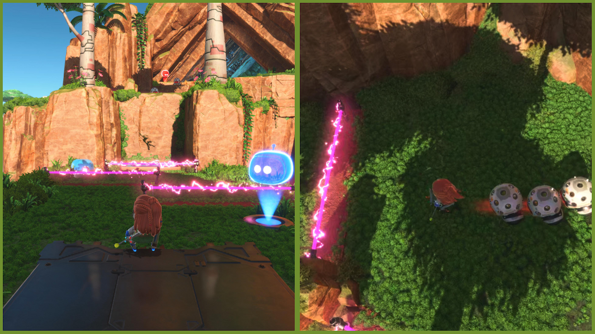 Defeating enemies with a Tripcaster in Astro Bot