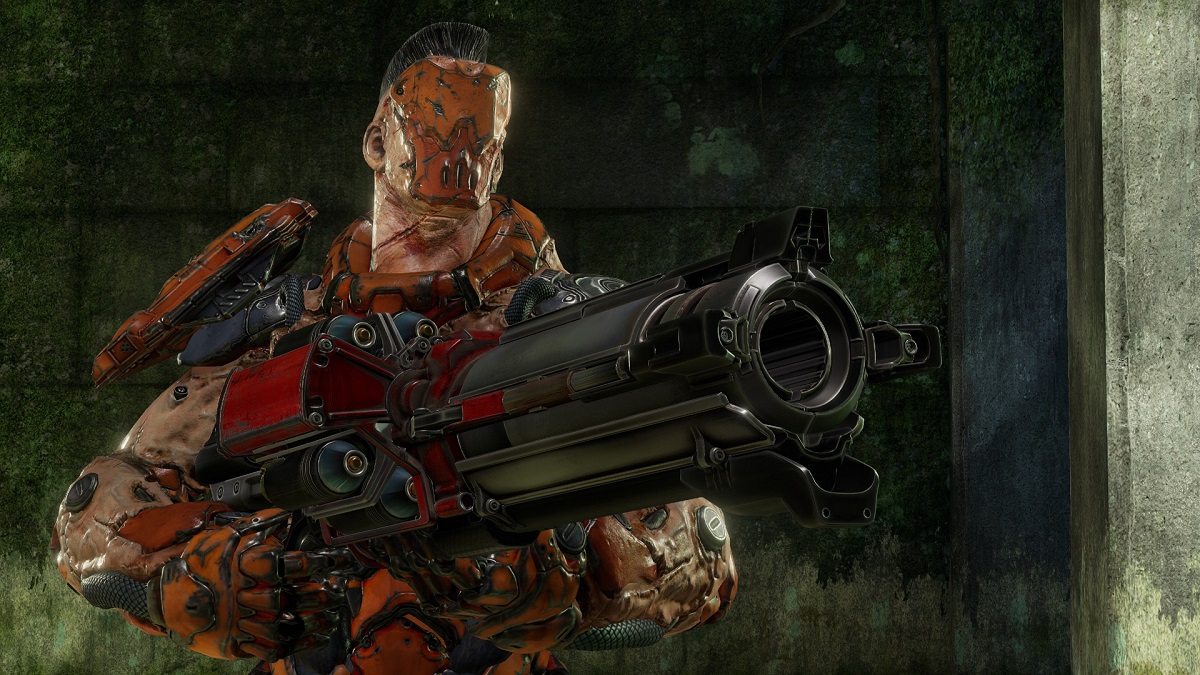 Quake Champions: a mean-looking soldier with a crew cut wields a beefy gun.