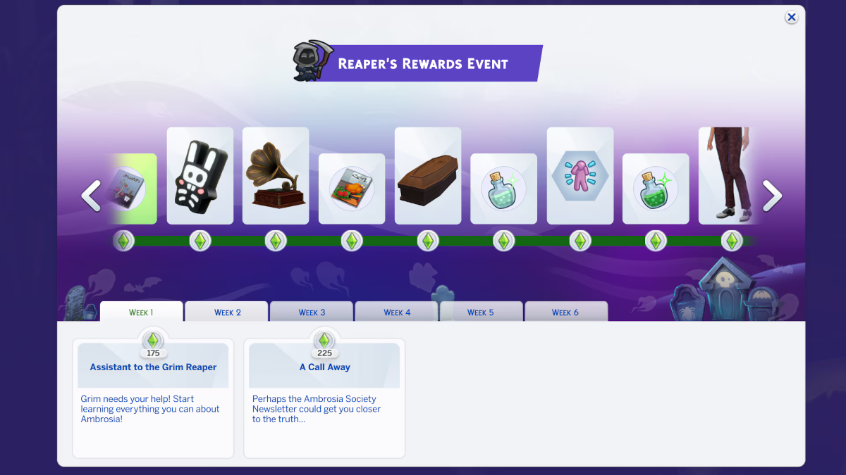 The event screen for Reaper's Reward in The Sims 4