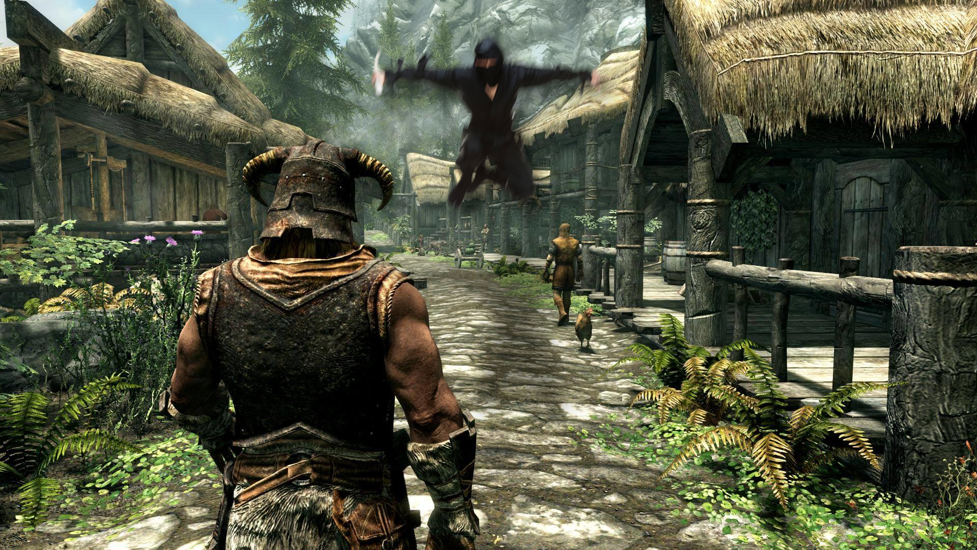 Skyrim: the Dragonborn walks through Riverwood as a ninja leaps at them from the distance.