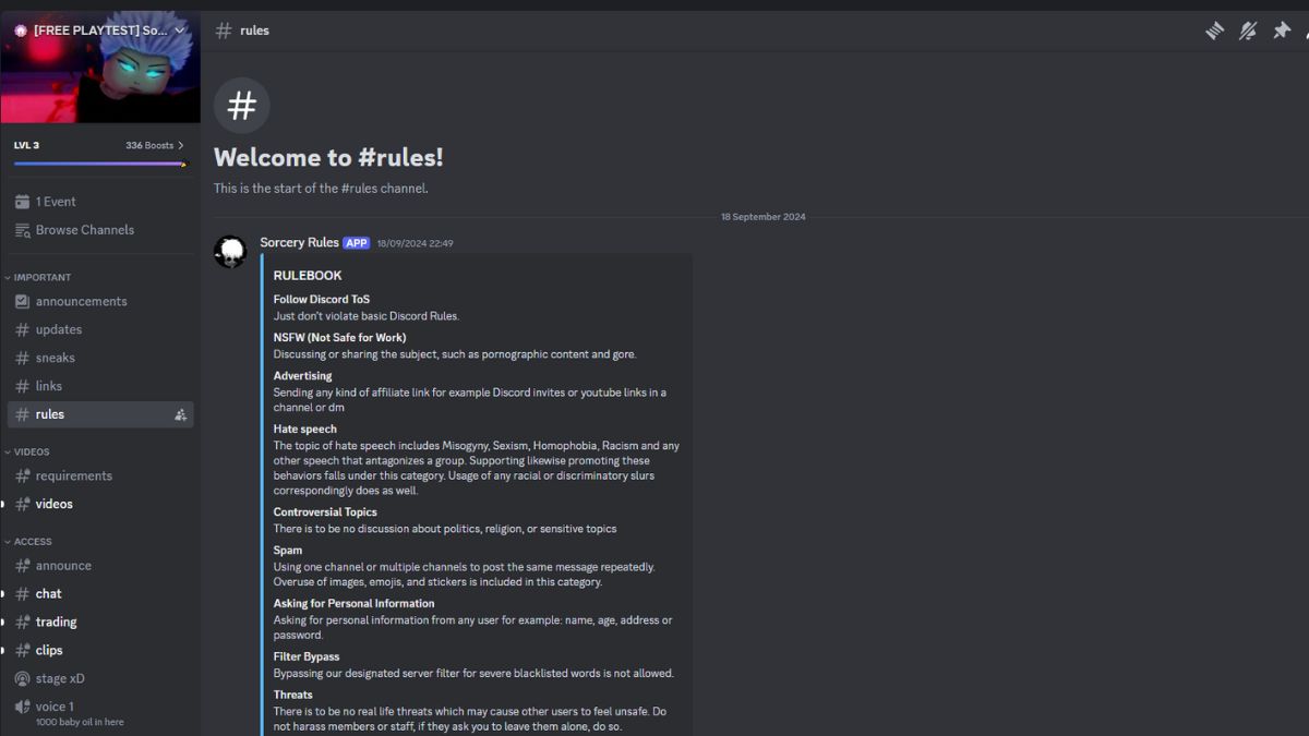 Roblox Sorcery Discord server rules