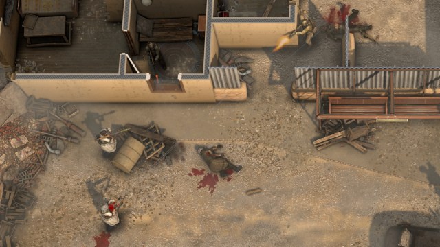 A gameplay screenshot depicting a gunfight between insurgents and the playable Door Kickers 2 operatives.