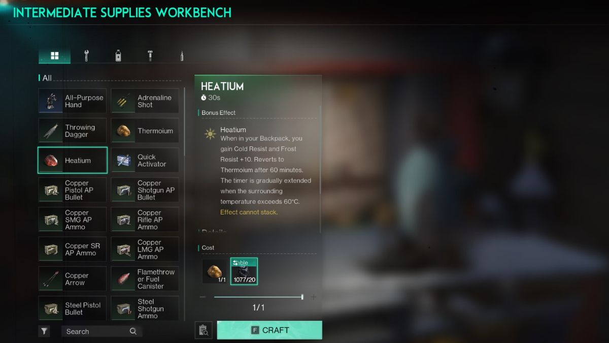 Heatium in the Supplies Bench crafting menu, helpful for increasing cold resistance.