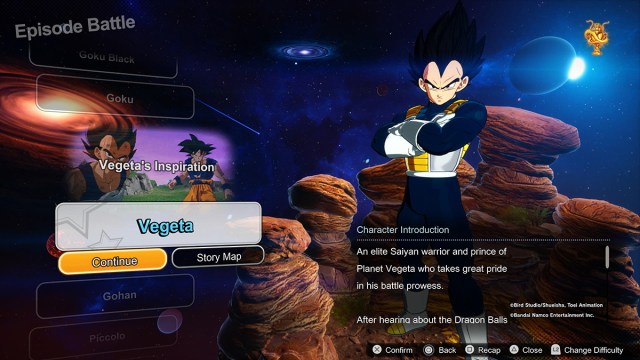 Vegeta's Episode Battle screen in Sparking Zero. 