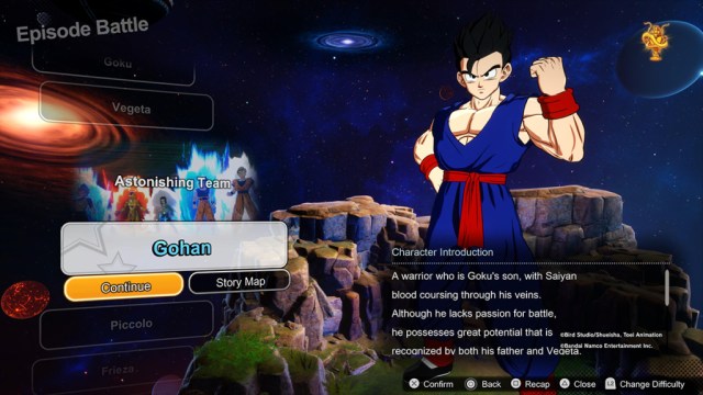 Gohan in the Dragon Ball Sparking Zero Episode Battle selection screen.