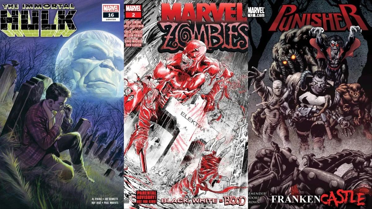 Tri-Image Feature, Immortal Hulk #16, Marvel Zombies Black, White, & Blood #2, Punisher #12 Covers