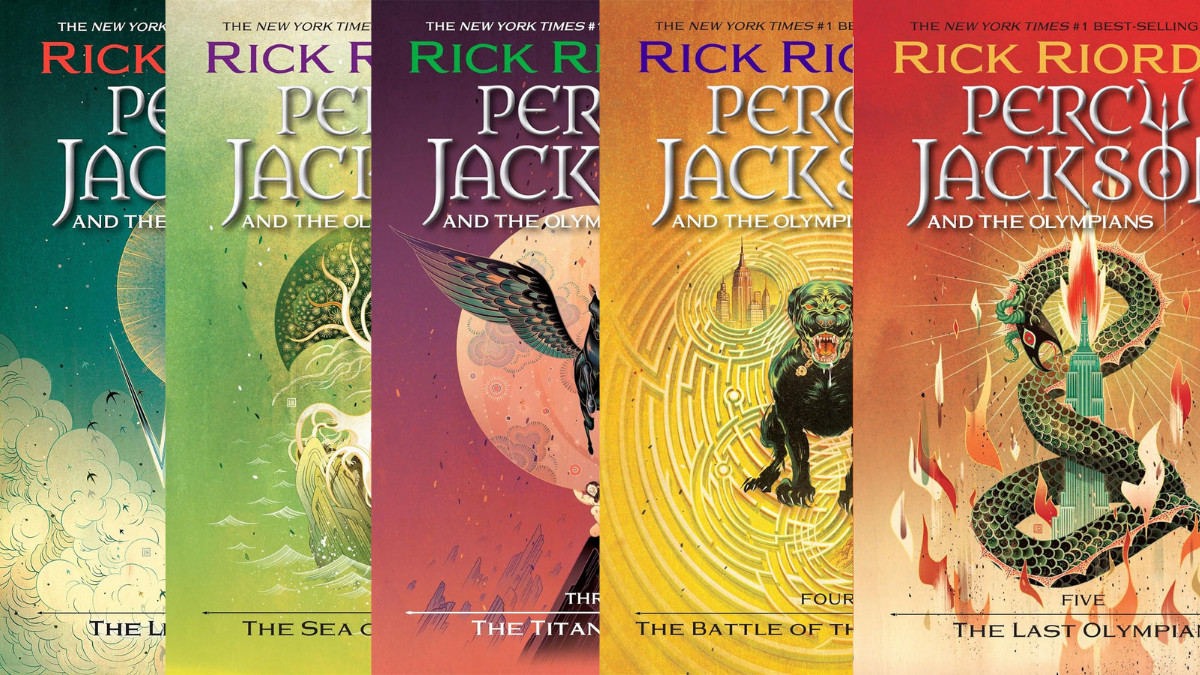 Percy Jackson book covers.