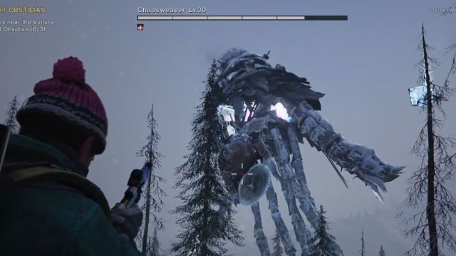 The giant Chaosweaver looming above the treetops in Once Human the Way of Winter