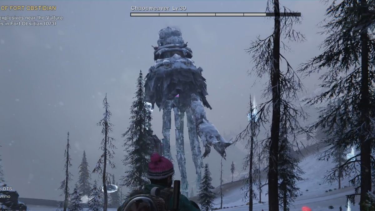 A player approaches the gigantic Chaosweaver in The Way of Winter in Once Human.