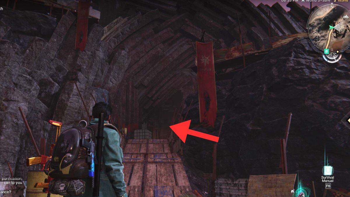 The entrance to Sunshroud Cave in Once Human, highlighted by an arrow - a great spot for Platinum Crystals. 