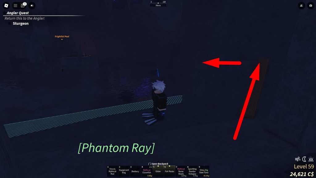 Player scaling the Desolate Pocket rocks towards the Aurora Totem location in Fisch Roblox experience