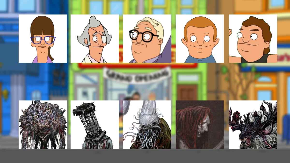 A picture comparing Bob's Burgers characters to Bloodborne characters.