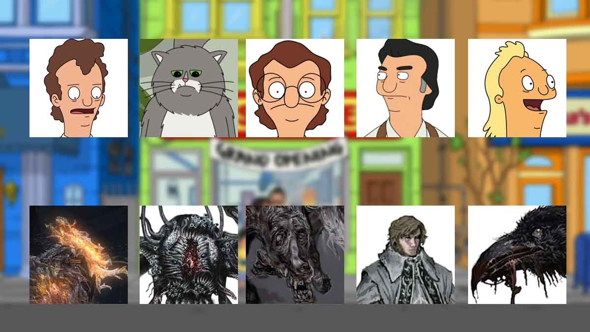 A picture comparing Bob's Burgers characters to Bloodborne characters.