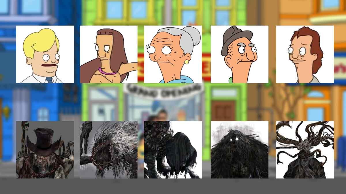 A picture comparing Bob's Burgers characters to Bloodborne characters.