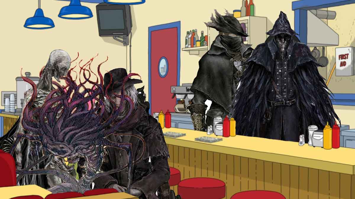 The Orphan of Kos, Gehrman, Moon Presence, the Hunter, and Eileen the Crow running a burger shop.