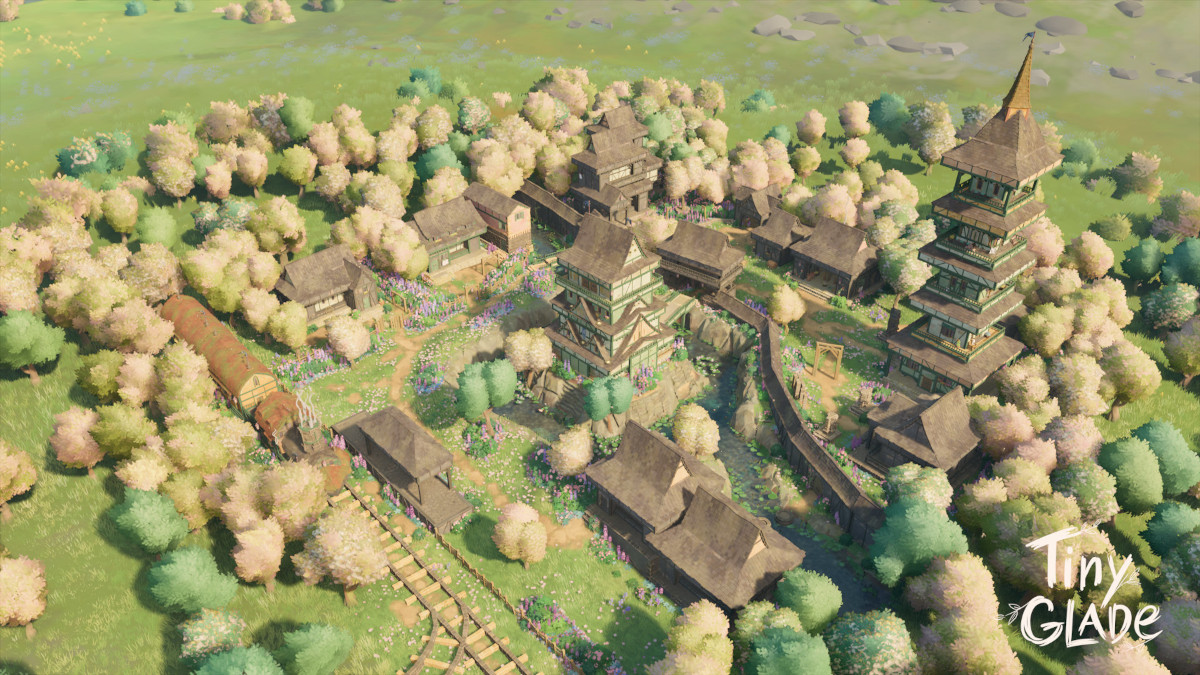 A castle town complete with train tracks, built in Tiny Glade by ITASHAKAI