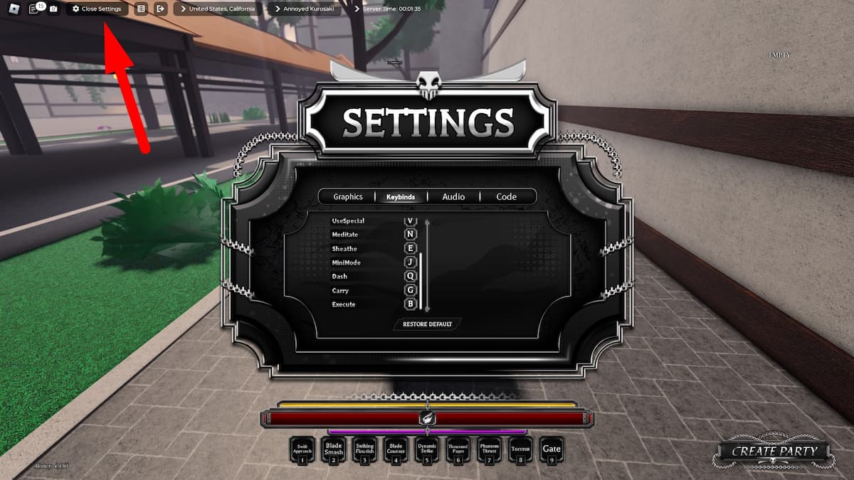 Keybind change menu in Paradox Roblox experience