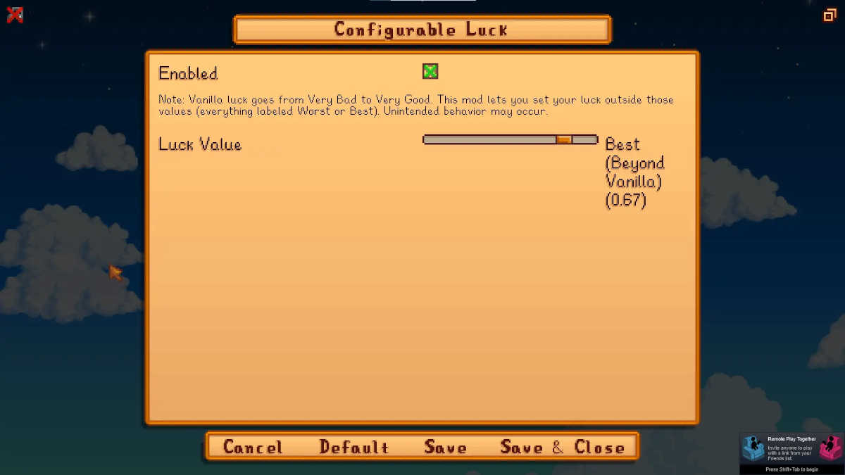 Configurable Luck mod for Stardew Valley on Android